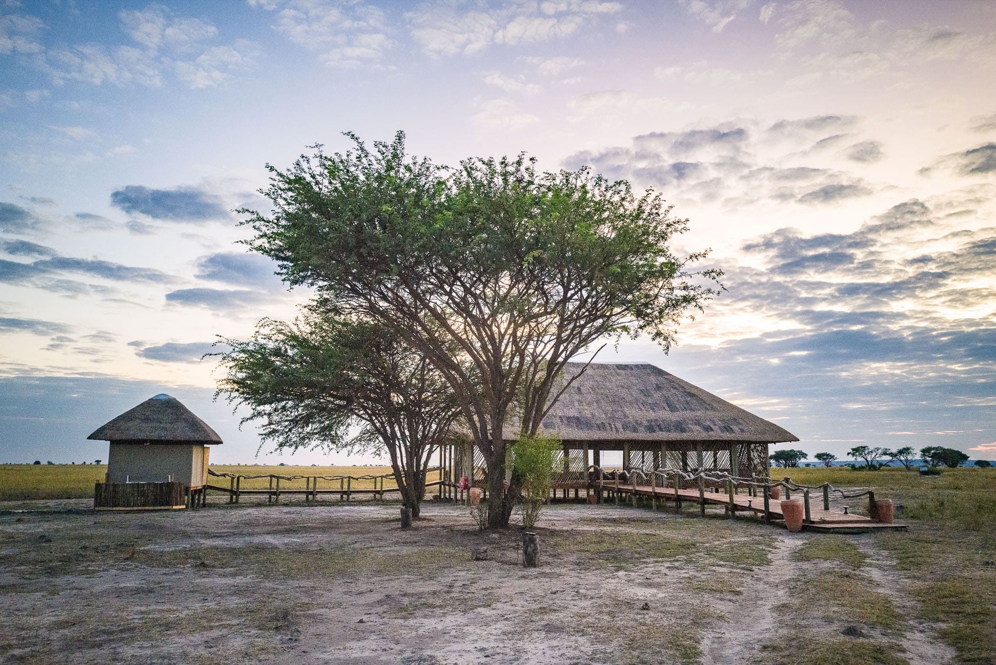 Campement dans la savane au crépuscule, immersion Afrique 2027